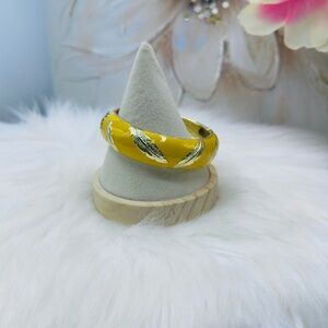Yellow with Gold Feathers Design Thick Enamel Bangle Bracelet